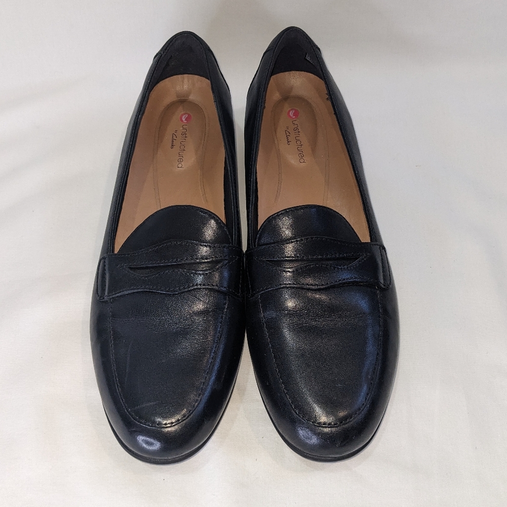 Clarks Unstructured Black Leather Penny Loafers Size 7 - Picture 2 of 13